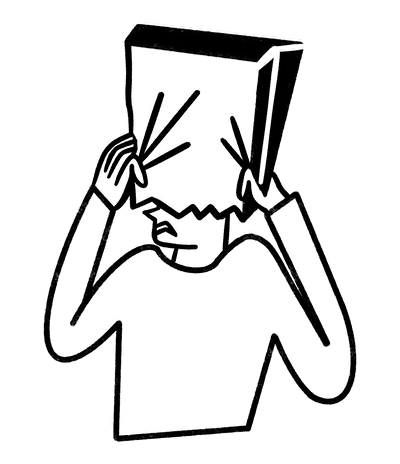 Animated image of person pulling a paper bag over their head in shame